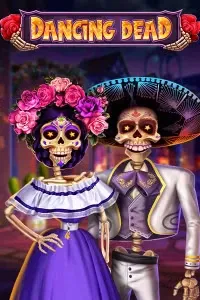 Two skeleton characters dressed in festive traditional outfits, Day of the Dead theme