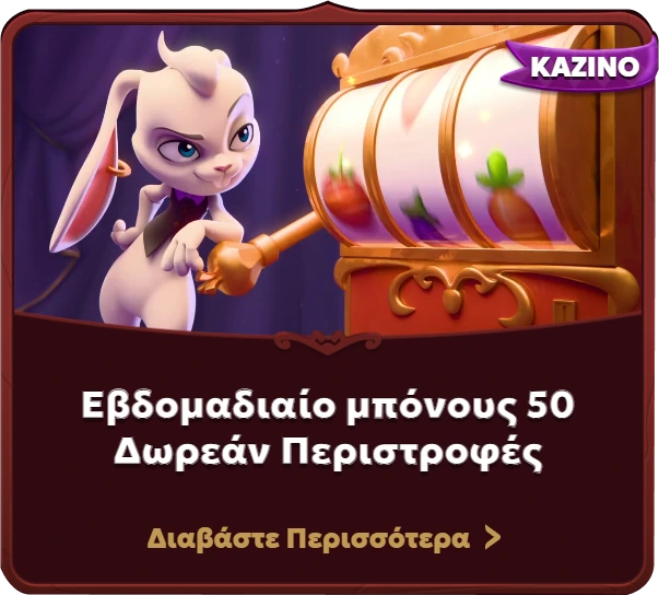 Casino bonus promotion with a bunny and a slot machine offering 50 free spins