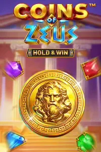 Zeus-themed slot machine game featuring a golden coin and lightning